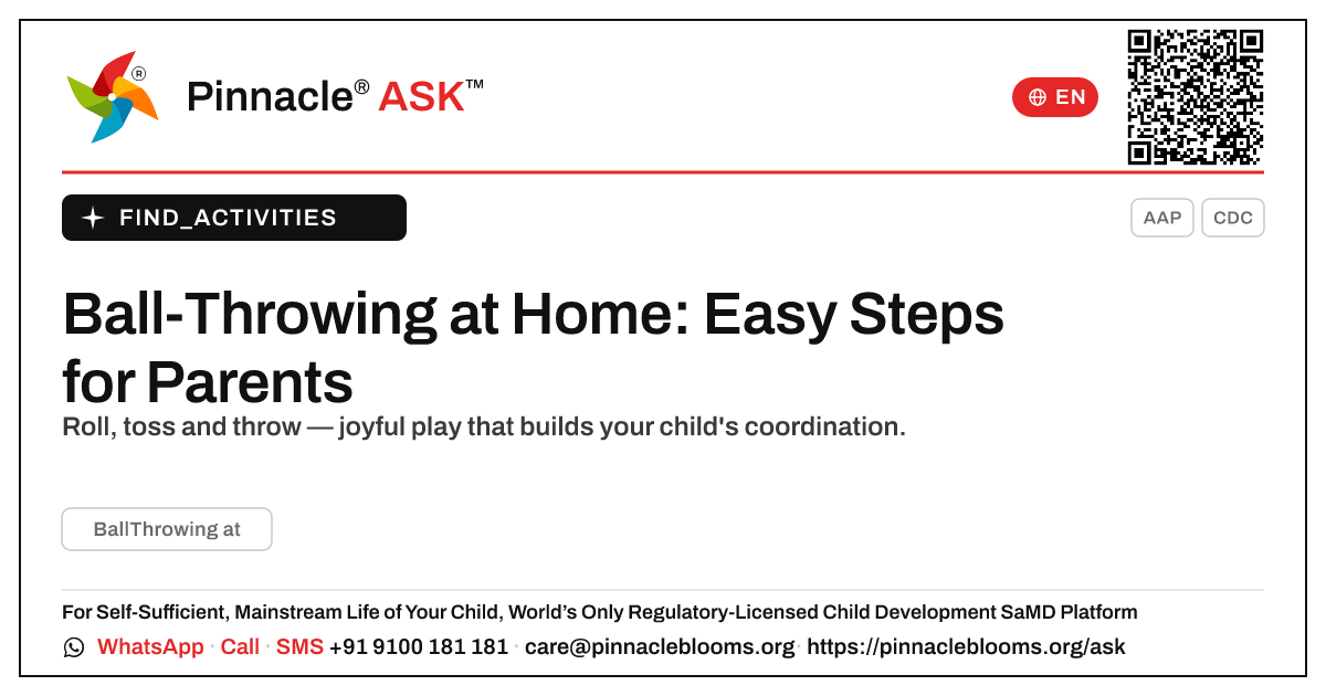 How can I work on ball-throwing with my child at home? — Pinnacle Ask answer card with a short explanation and QR link