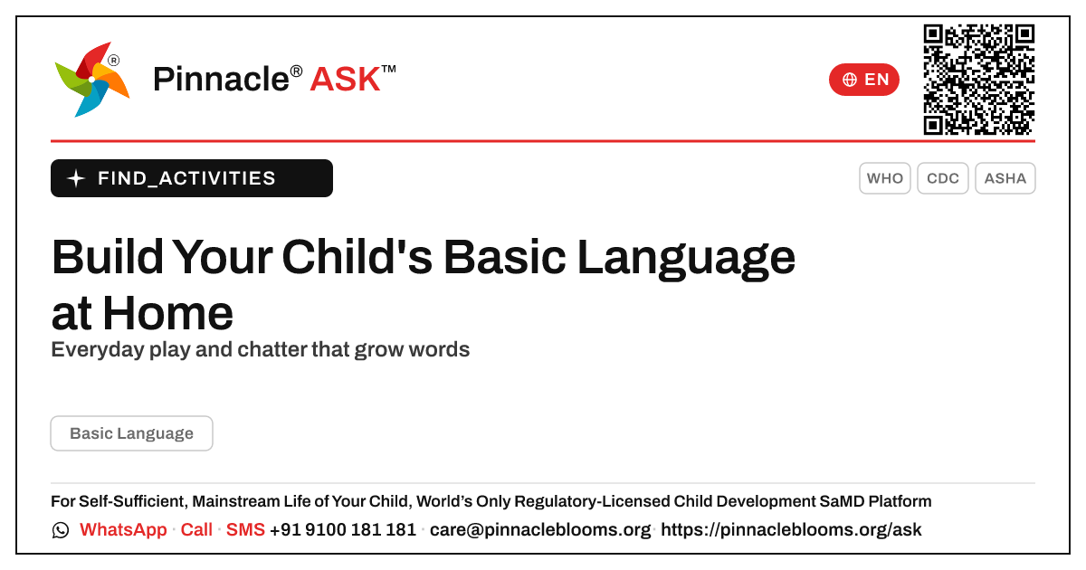 How to Work on Basic Language at Home — Pinnacle Ask answer card with a short explanation and QR link