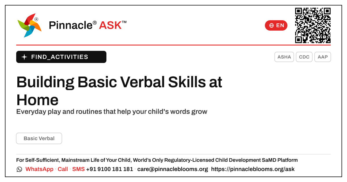How can I work on Basic Verbal with my child at home? — Pinnacle Ask answer card with a short explanation and QR link