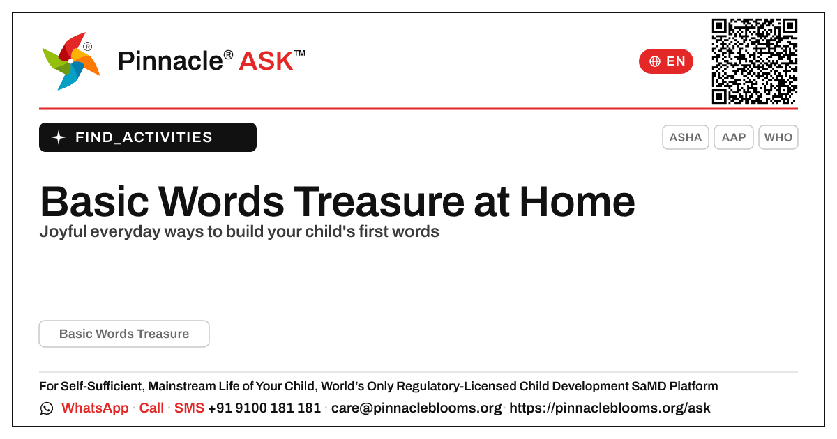 How to Work on Basic Words Treasure at Home — Pinnacle Ask answer card with a short explanation and QR link