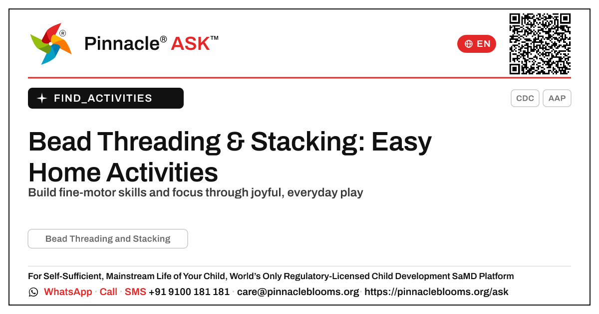 How to Work on Bead Threading and Stacking at Home — Pinnacle Ask answer card with a short explanation and QR link