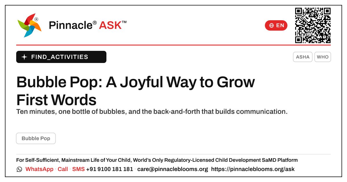 How can I work on Bubble Pop with my child at home? — Pinnacle Ask answer card with a short explanation and QR link