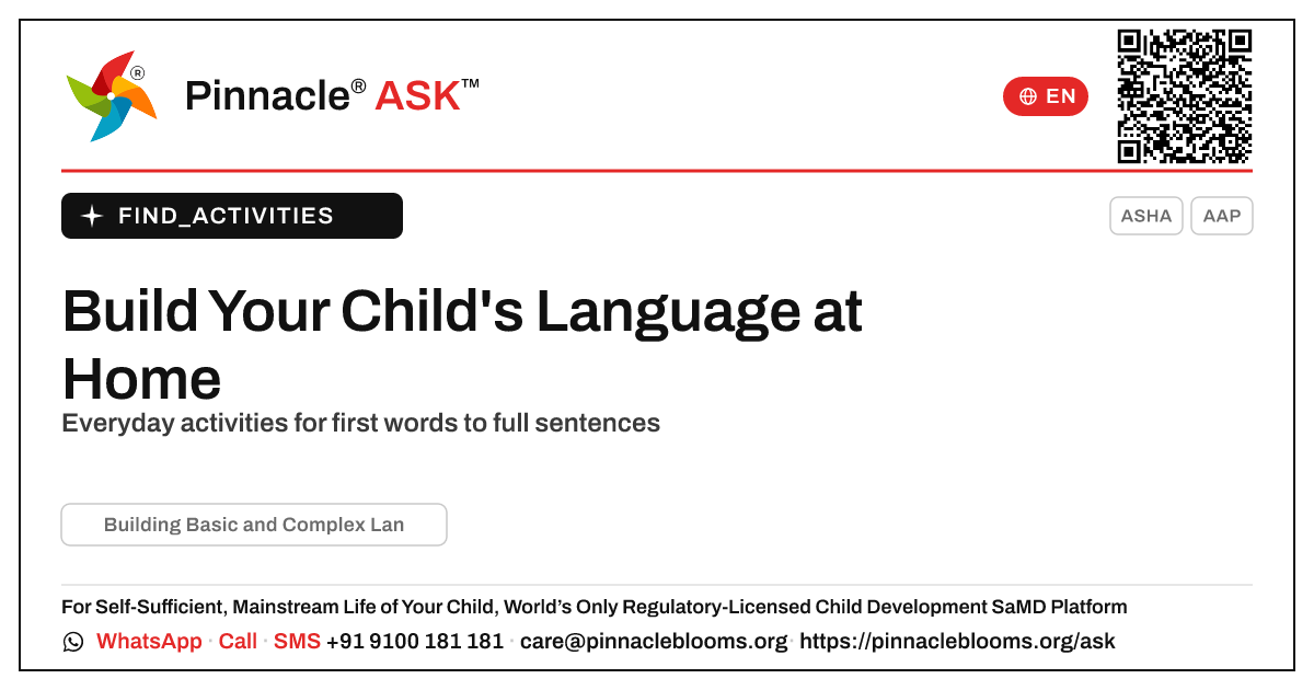 How to Build Basic and Complex Language at Home — Pinnacle Ask answer card with a short explanation and QR link