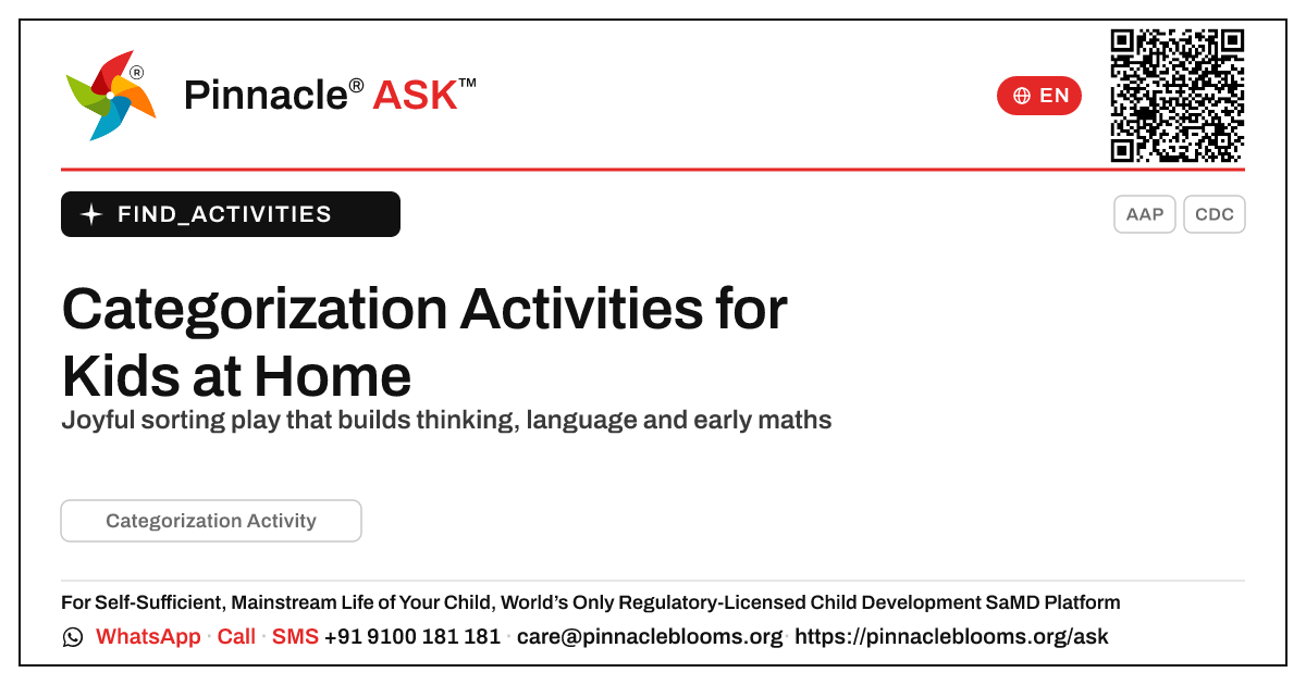 How to Work on Categorization Activity at Home — Pinnacle Ask answer card with a short explanation and QR link