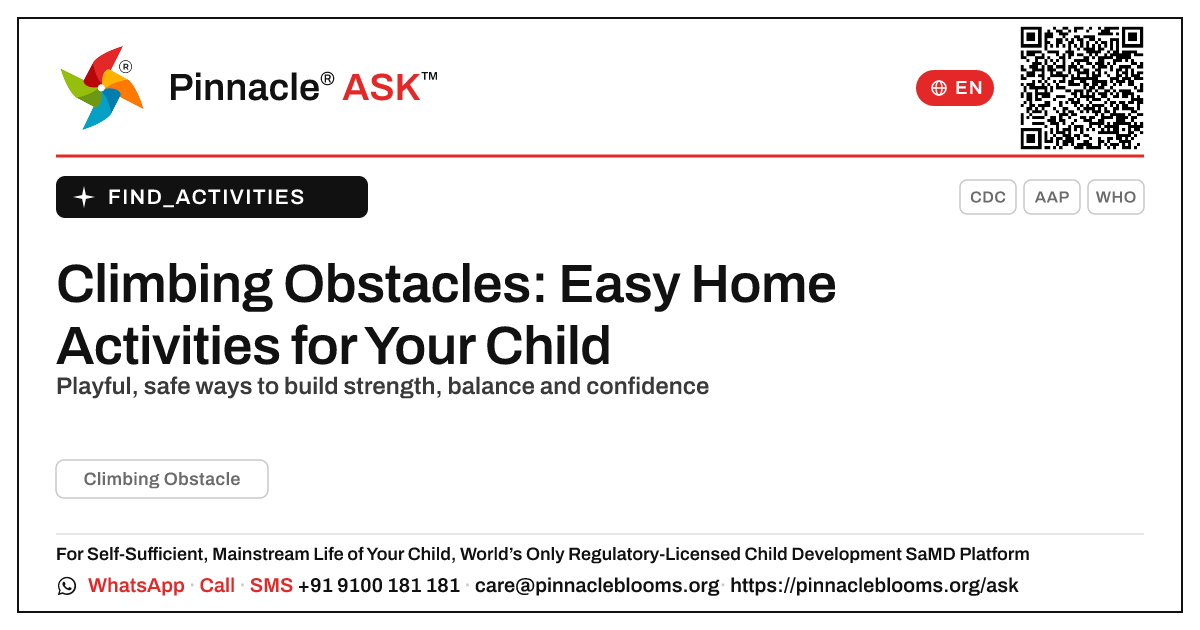 How to Practise Climbing Obstacles at Home — Pinnacle Ask answer card with a short explanation and QR link