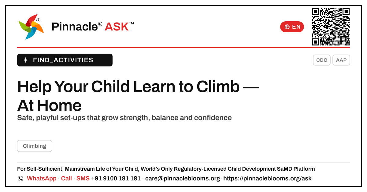 How can I work on Climbing with my child at home? — Pinnacle Ask answer card with a short explanation and QR link
