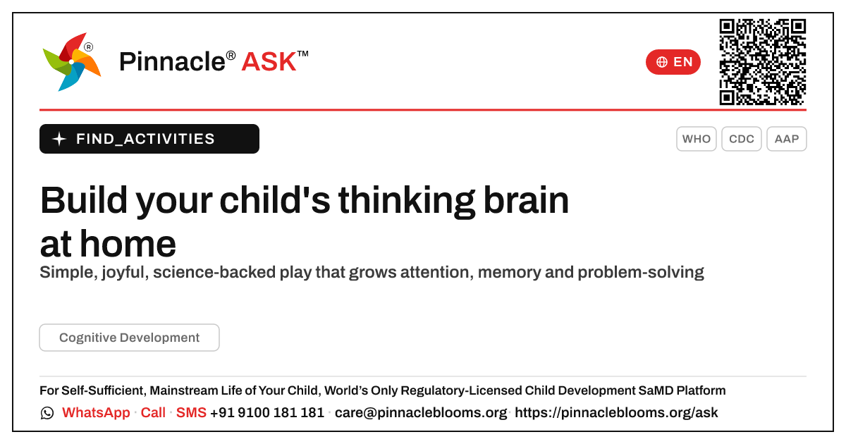 How can I work on Cognitive Development with my child at home? — Pinnacle Ask answer card with a short explanation and QR link