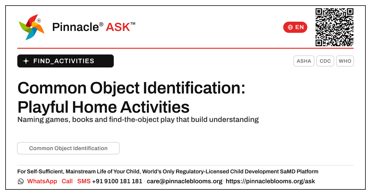 How can I work on Common Object Identification with my child at home? — Pinnacle Ask answer card with a short explanation and QR link