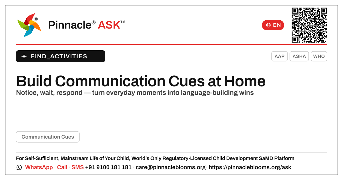 How can I work on Communication Cues with my child at home? — Pinnacle Ask answer card with a short explanation and QR link