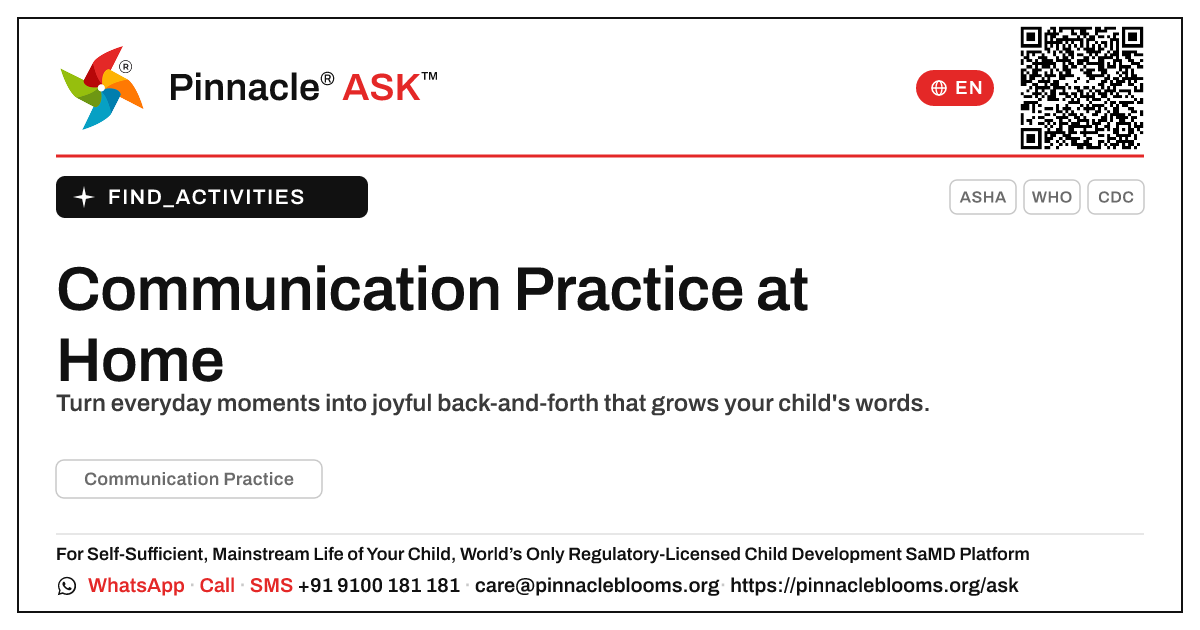 How can I work on Communication Practice with my child at home? — Pinnacle Ask answer card with a short explanation and QR link