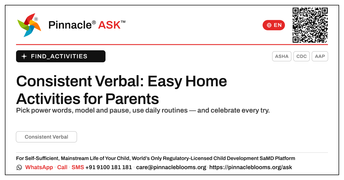 Working on Consistent Verbal at Home — Pinnacle Ask answer card with a short explanation and QR link