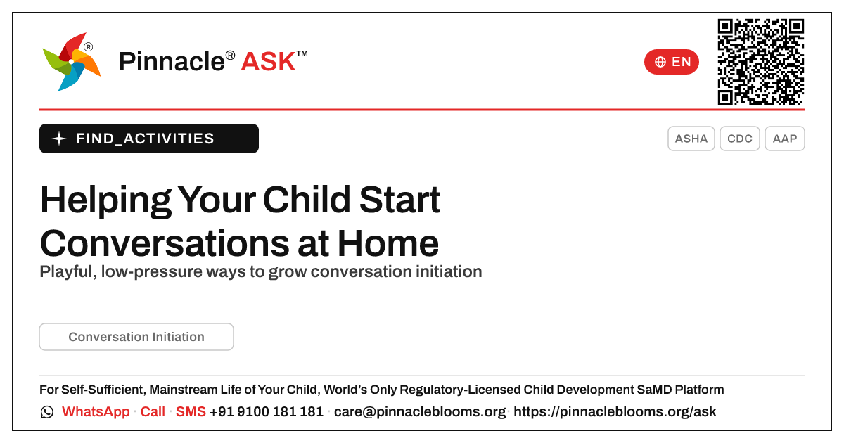 How can I work on Conversation Initiation with my child at home? — Pinnacle Ask answer card with a short explanation and QR link