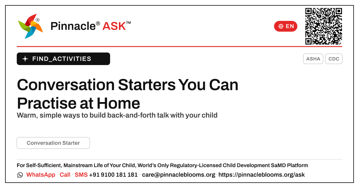 How can I work on Conversation Starter with my child at home? — Pinnacle Ask answer card with a short explanation and QR link