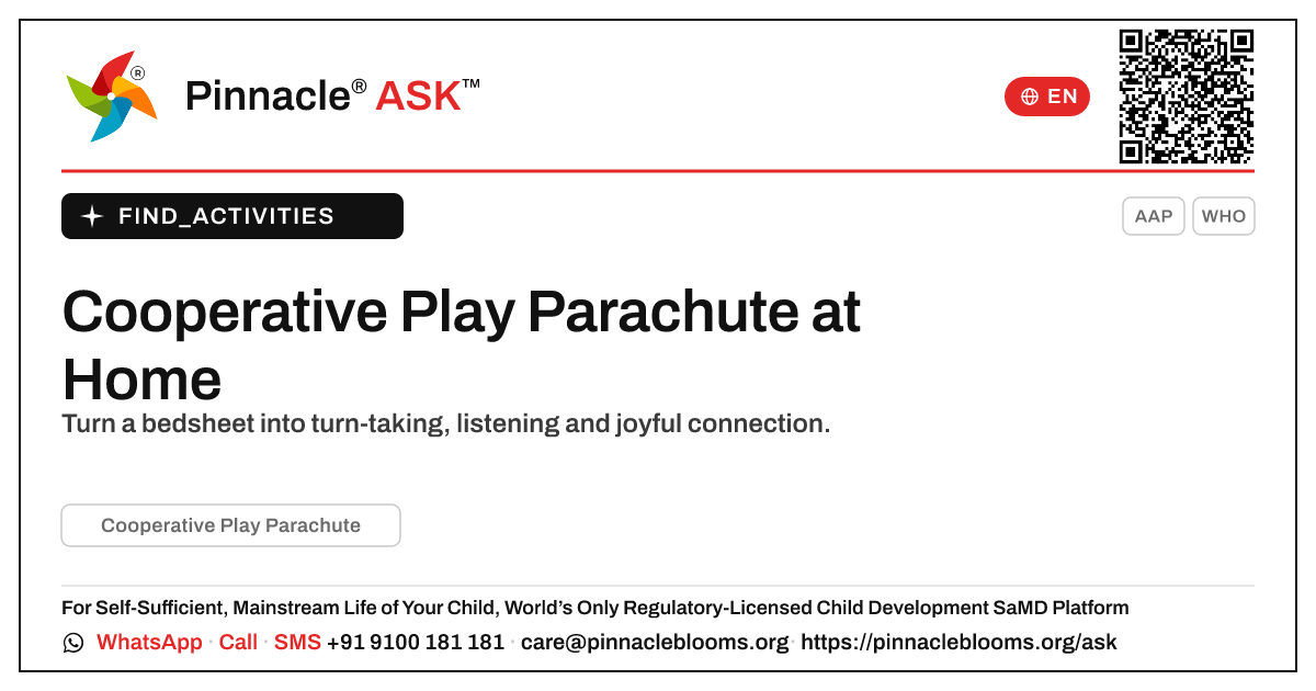 How to Play Cooperative Play Parachute at Home — Pinnacle Ask answer card with a short explanation and QR link