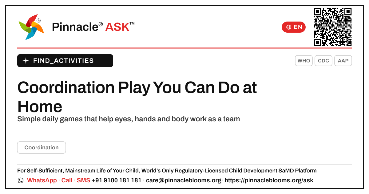 How can I work on Coordination with my child at home? — Pinnacle Ask answer card with a short explanation and QR link
