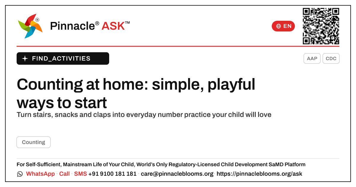 How can I work on counting with my child at home? — Pinnacle Ask answer card with a short explanation and QR link