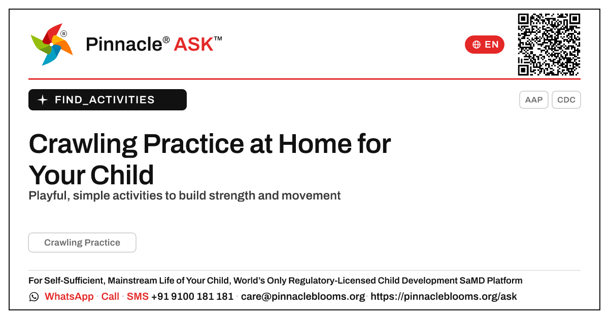 Crawling Practice at Home — Pinnacle Ask answer card with a short explanation and QR link