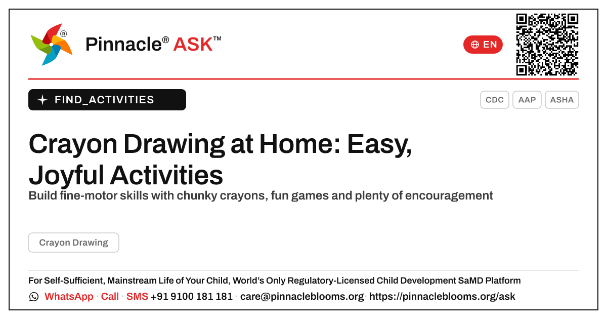 How to Work on Crayon Drawing at Home — Pinnacle Ask answer card with a short explanation and QR link