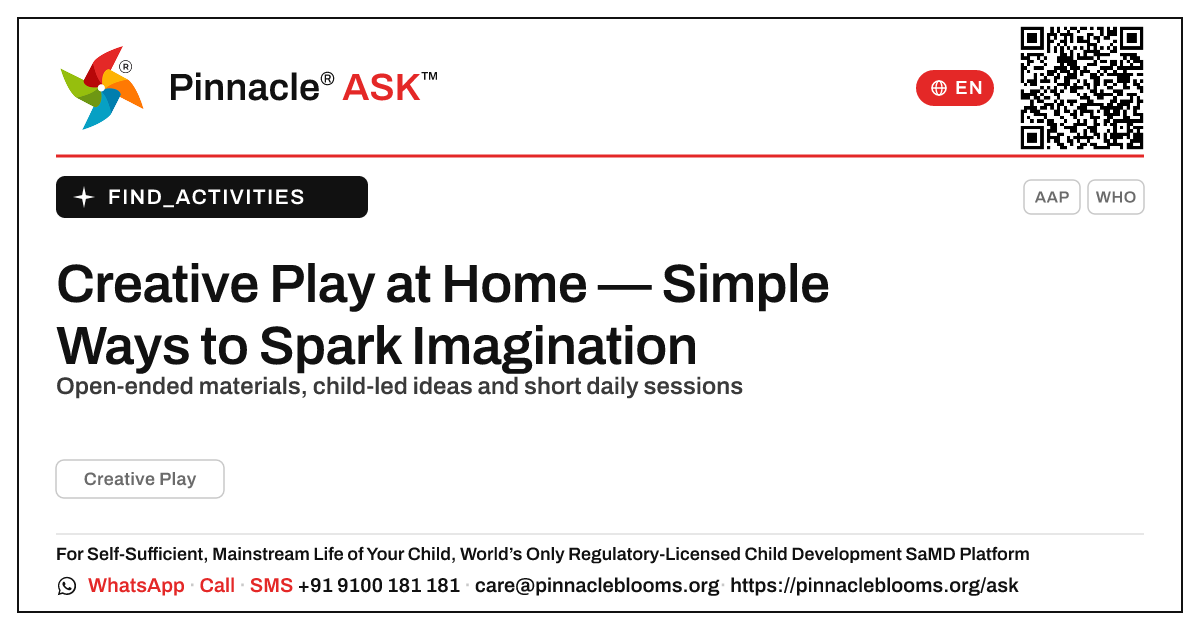 How can I work on Creative Play with my child at home? — Pinnacle Ask answer card with a short explanation and QR link