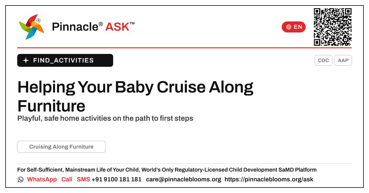 How to Work on Cruising Along Furniture at Home — Pinnacle Ask answer card with a short explanation and QR link