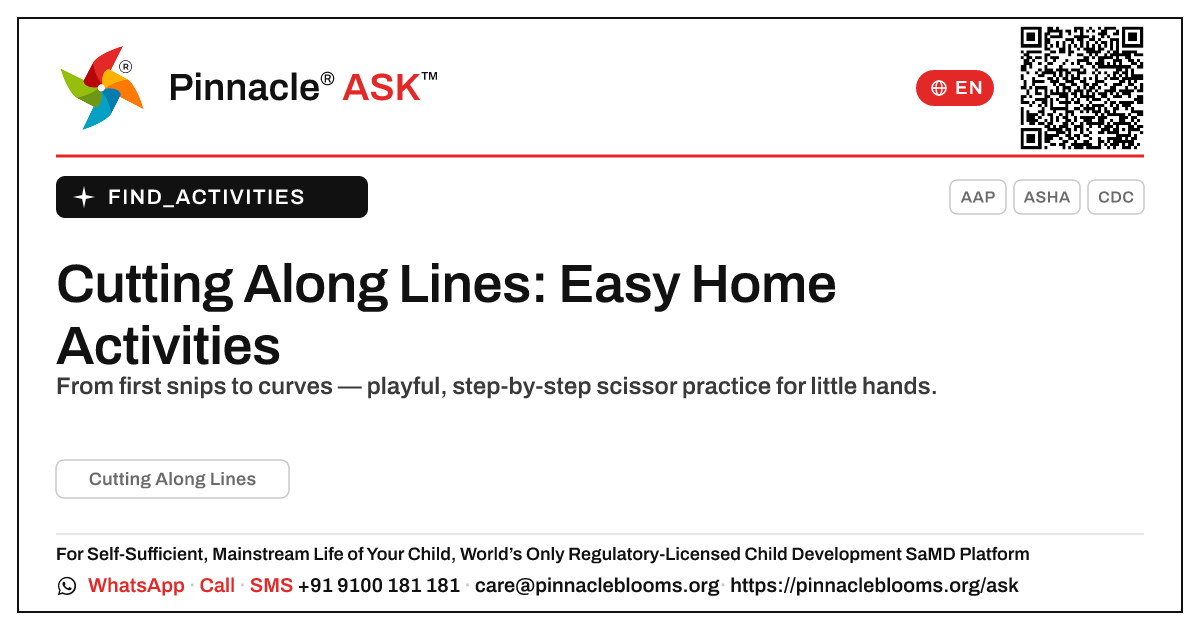 How can I work on Cutting Along Lines with my child at home? — Pinnacle Ask answer card with a short explanation and QR link