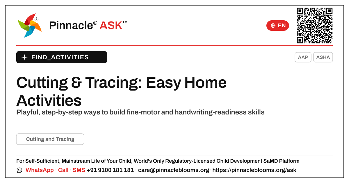 How can I work on Cutting and Tracing with my child at home? — Pinnacle Ask answer card with a short explanation and QR link