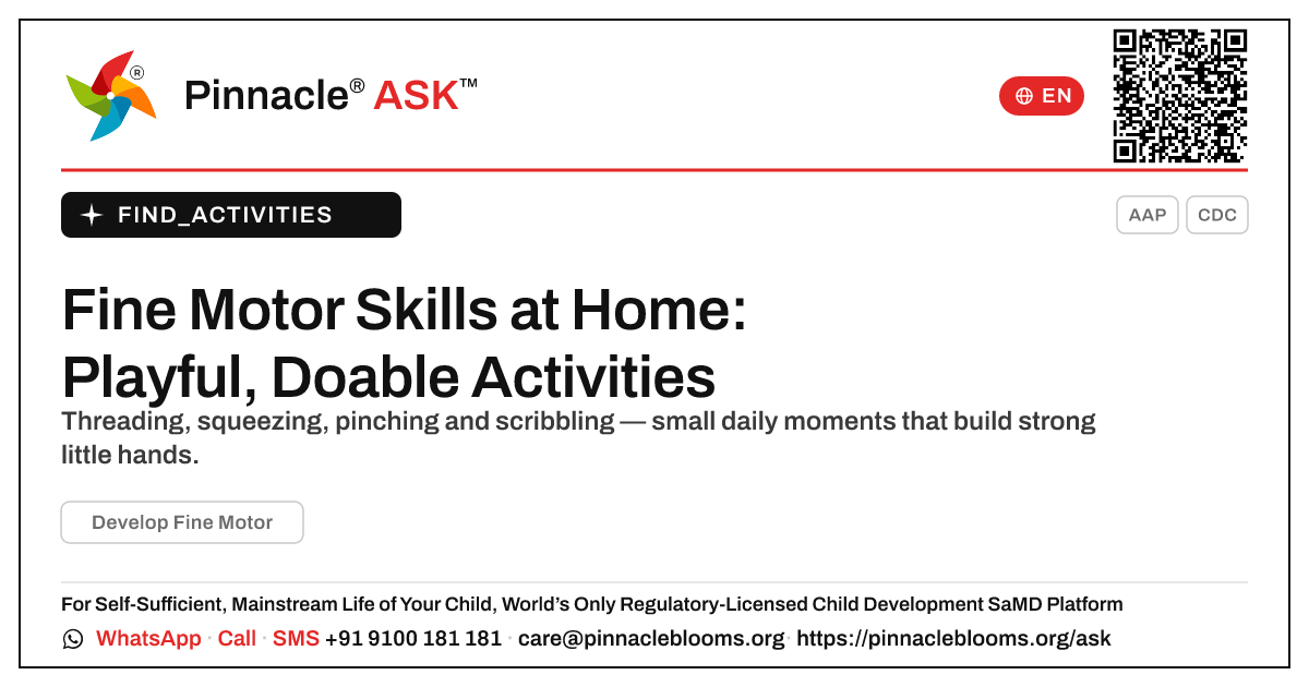 How to Develop Fine Motor Skills at Home — Pinnacle Ask answer card with a short explanation and QR link