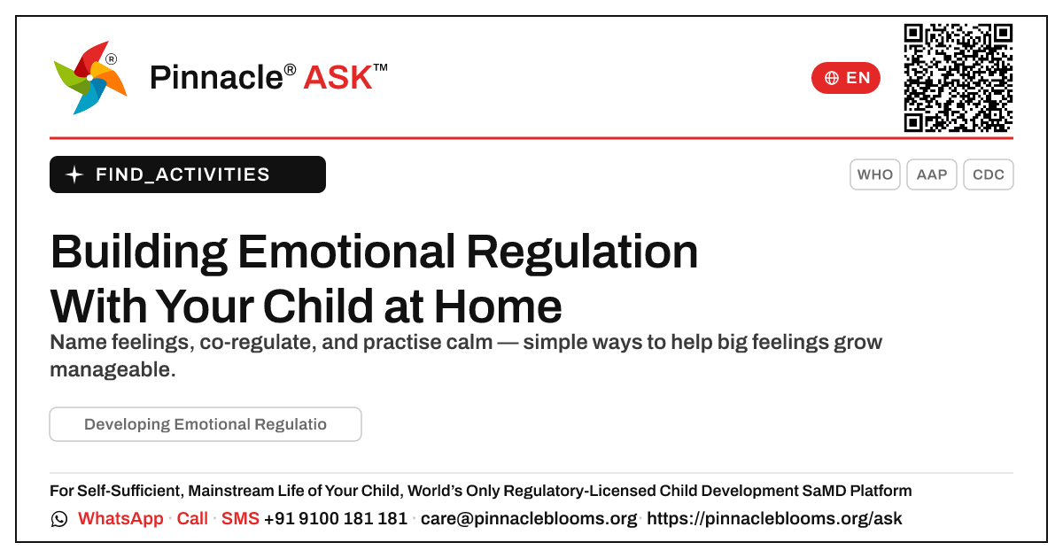 How to Develop Emotional Regulation at Home — Pinnacle Ask answer card with a short explanation and QR link