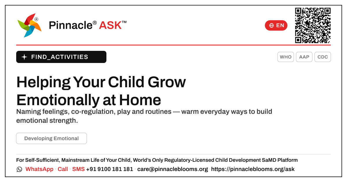 How can I work on Developing Emotional with my child at home? — Pinnacle Ask answer card with a short explanation and QR link
