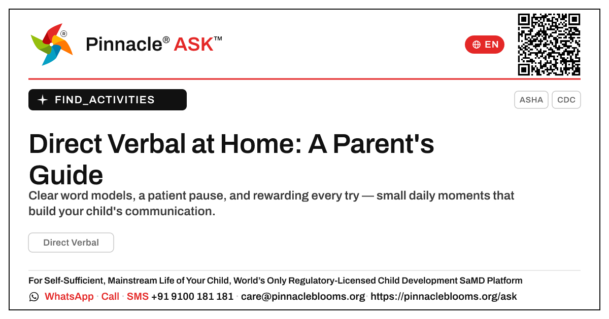 How can I work on Direct Verbal with my child at home? — Pinnacle Ask answer card with a short explanation and QR link