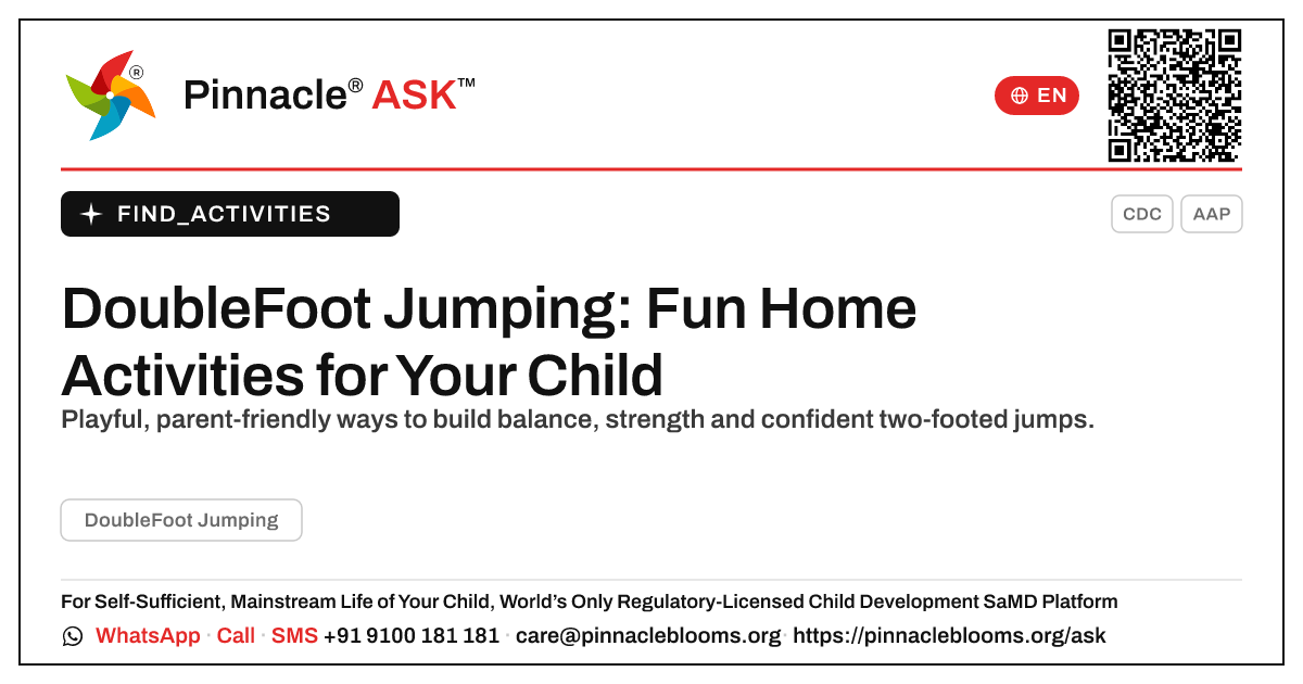 How can I work on DoubleFoot Jumping with my child at home? — Pinnacle Ask answer card with a short explanation and QR link
