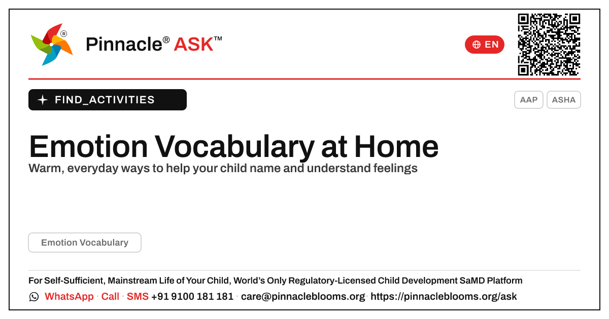 How to Work on Emotion Vocabulary at Home — Pinnacle Ask answer card with a short explanation and QR link