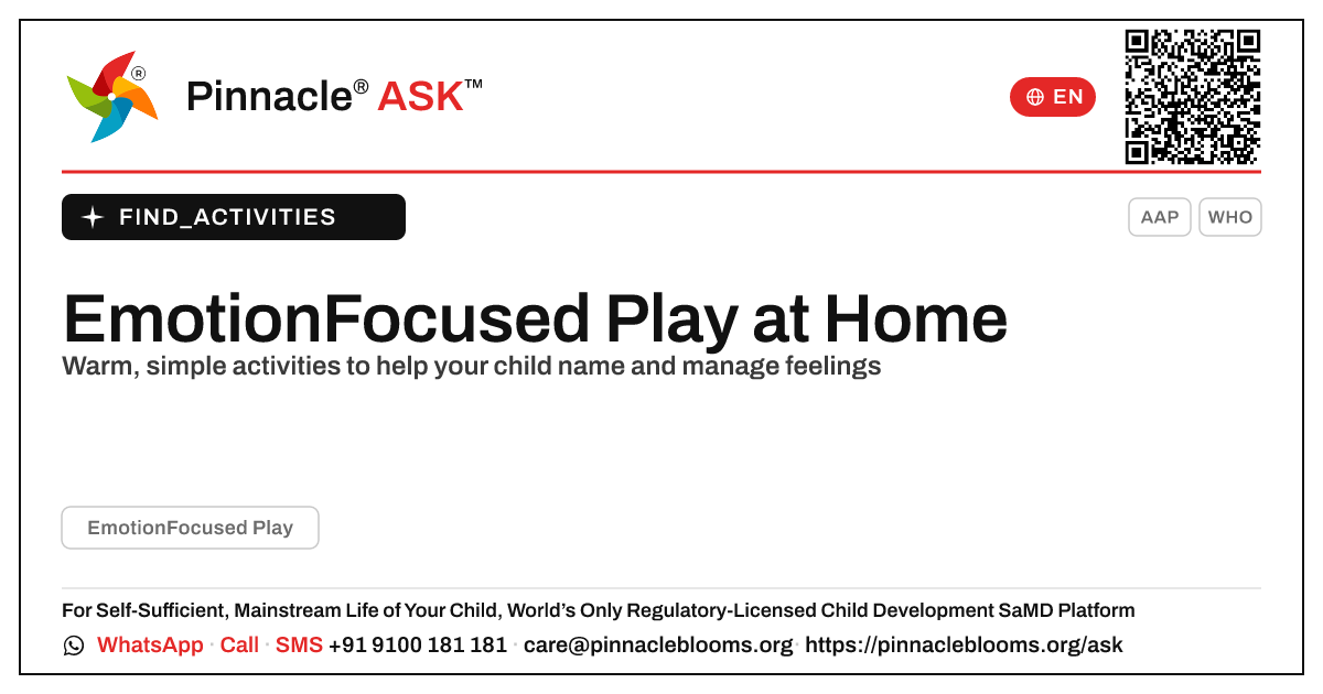 How to Work on EmotionFocused Play with Your Child at Home — Pinnacle Ask answer card with a short explanation and QR link