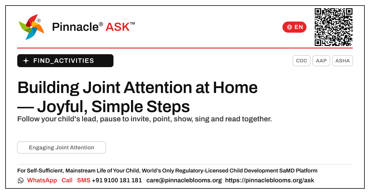 How to Work on Engaging Joint Attention at Home — Pinnacle Ask answer card with a short explanation and QR link