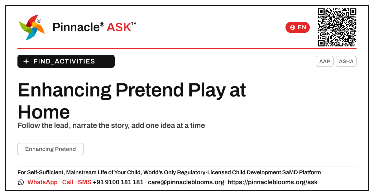 How to Enhance Pretend Play at Home — Pinnacle Ask answer card with a short explanation and QR link