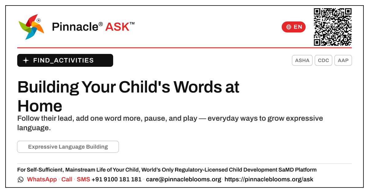 How can I work on Expressive Language Building with my child at home? — Pinnacle Ask answer card with a short explanation and QR link