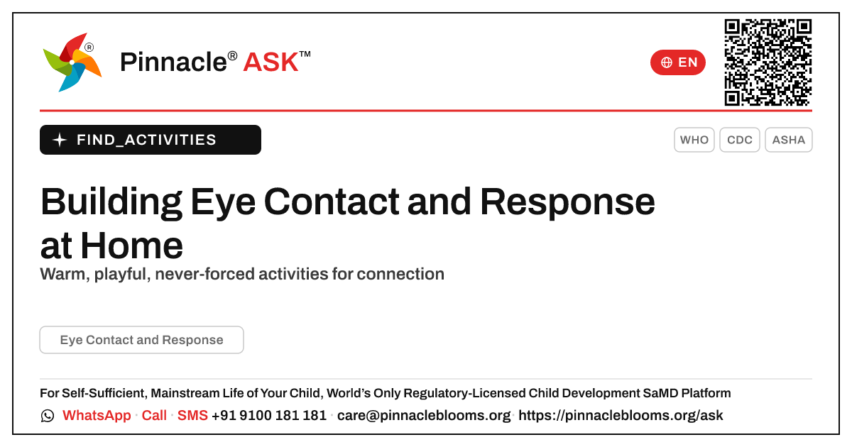 How to Work on Eye Contact and Response at Home — Pinnacle Ask answer card with a short explanation and QR link