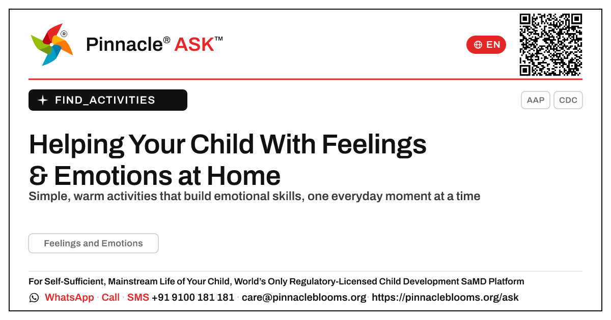 How can I work on Feelings and Emotions with my child at home? — Pinnacle Ask answer card with a short explanation and QR link