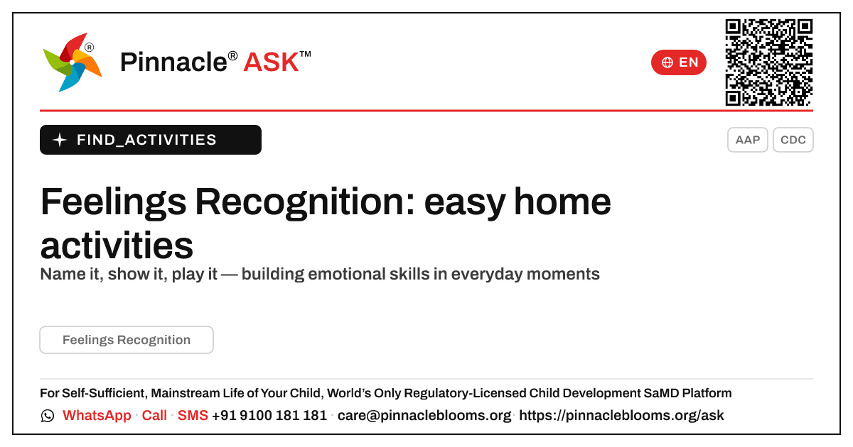 How can I work on Feelings Recognition with my child at home? — Pinnacle Ask answer card with a short explanation and QR link