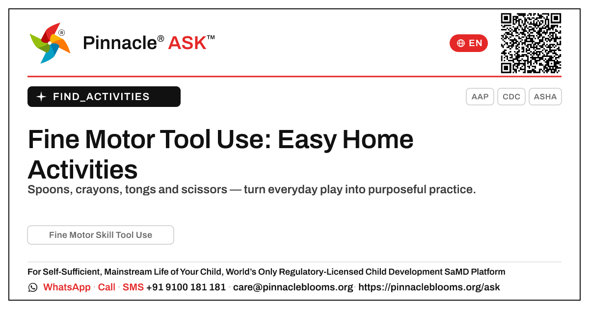How to Work on Fine Motor Skill Tool Use at Home — Pinnacle Ask answer card with a short explanation and QR link