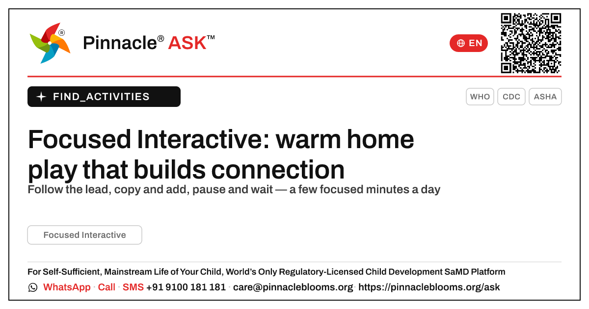 How to work on Focused Interactive at home — Pinnacle Ask answer card with a short explanation and QR link