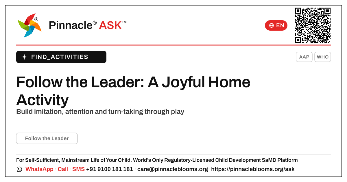 How to Play Follow the Leader With Your Child at Home — Pinnacle Ask answer card with a short explanation and QR link