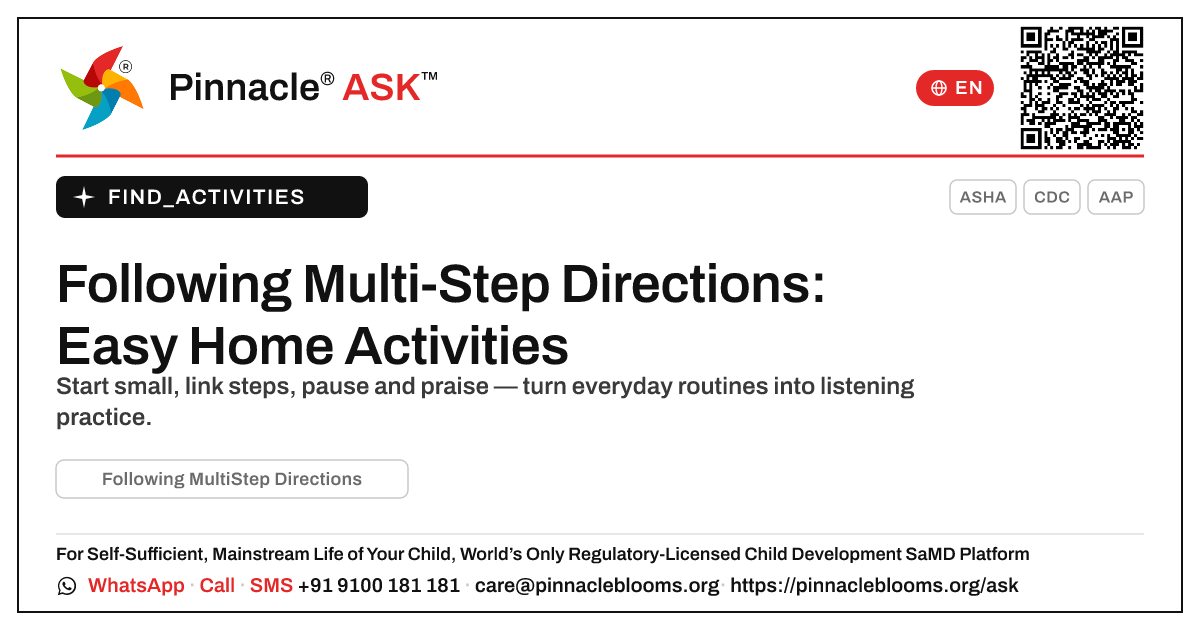 How to Work on Following Multi-Step Directions at Home — Pinnacle Ask answer card with a short explanation and QR link