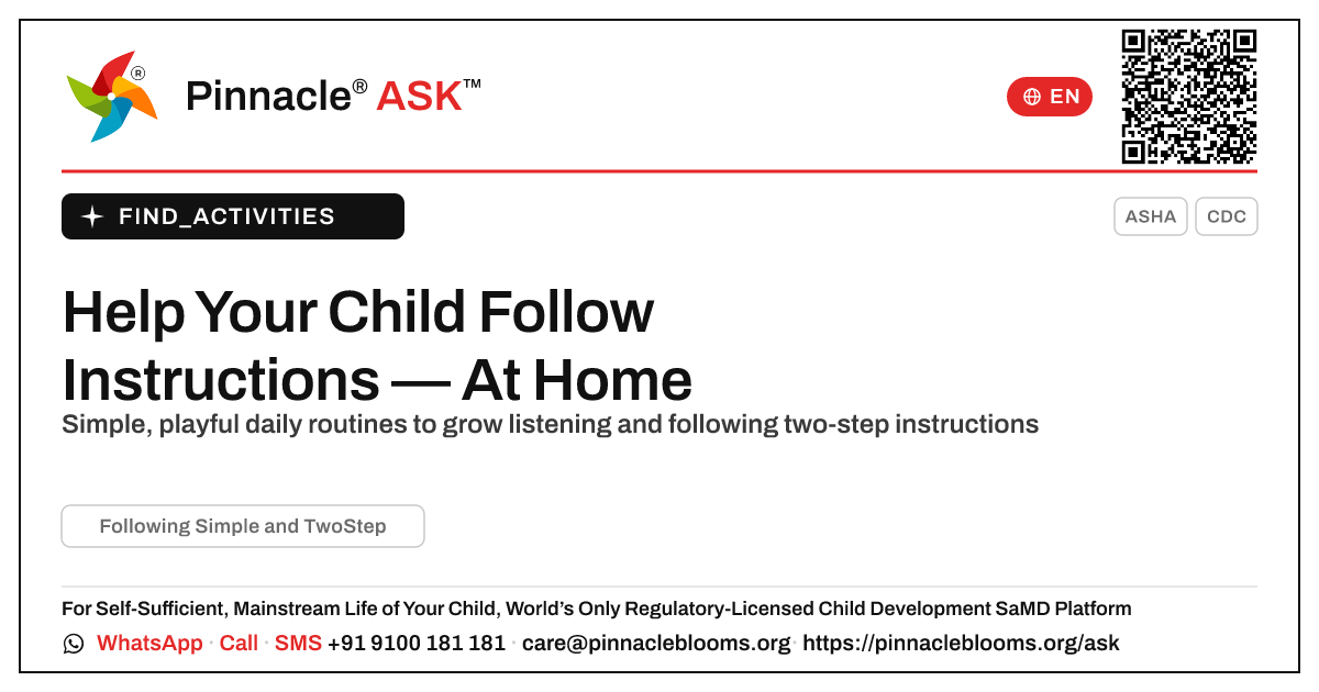 How to Work on Following Simple and Two-Step Instructions at Home — Pinnacle Ask answer card with a short explanation and QR link