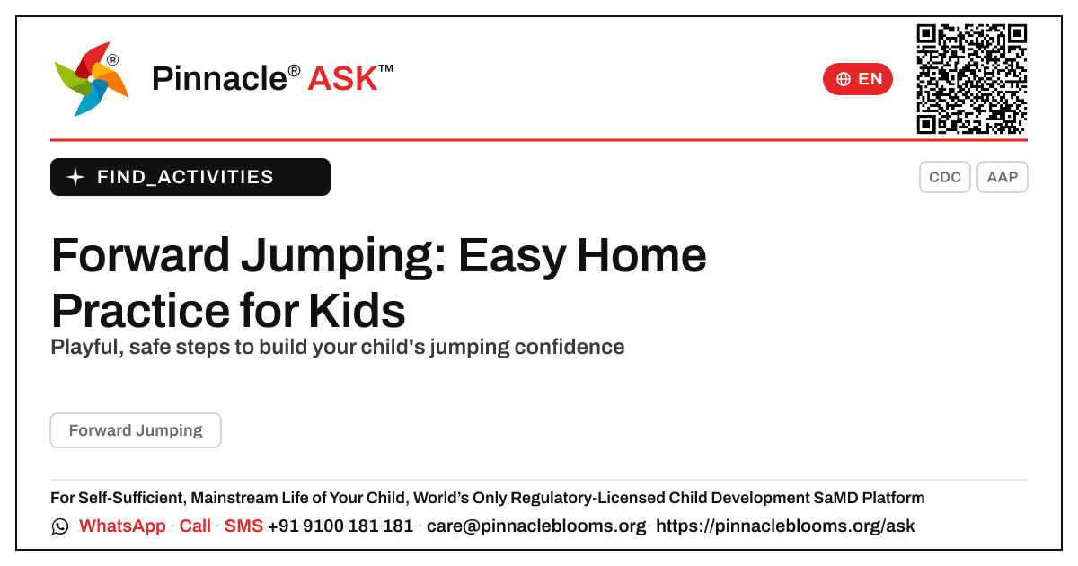 How can I work on Forward Jumping with my child at home? — Pinnacle Ask answer card with a short explanation and QR link