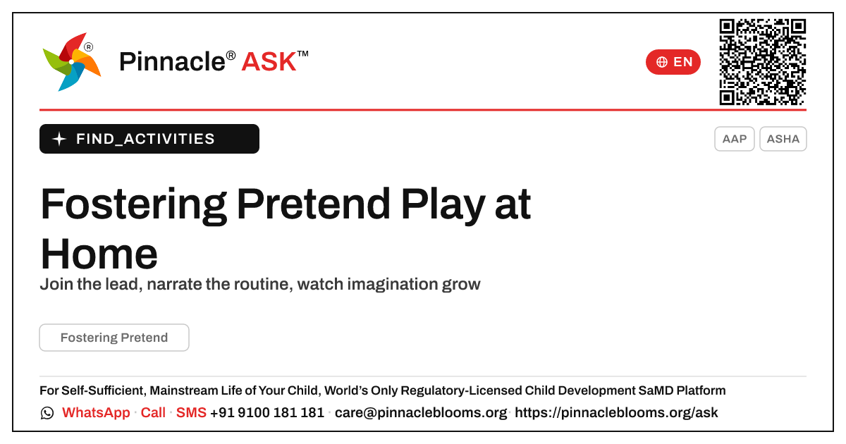How to Foster Pretend Play With Your Child at Home — Pinnacle Ask answer card with a short explanation and QR link