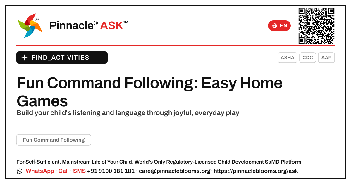 How can I work on Fun Command Following with my child at home? — Pinnacle Ask answer card with a short explanation and QR link