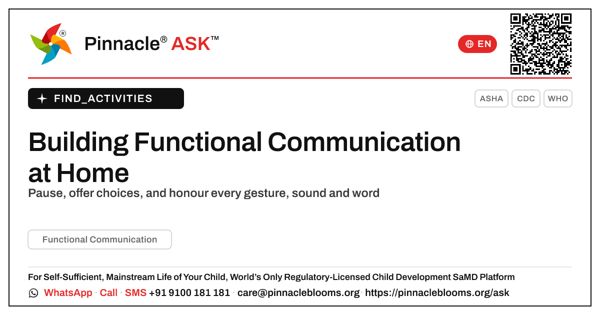 How to work on Functional Communication at home — Pinnacle Ask answer card with a short explanation and QR link