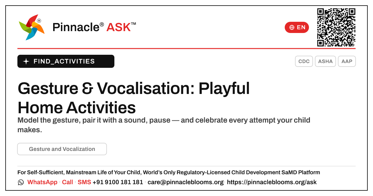 How can I work on Gesture and Vocalization with my child at home? — Pinnacle Ask answer card with a short explanation and QR link