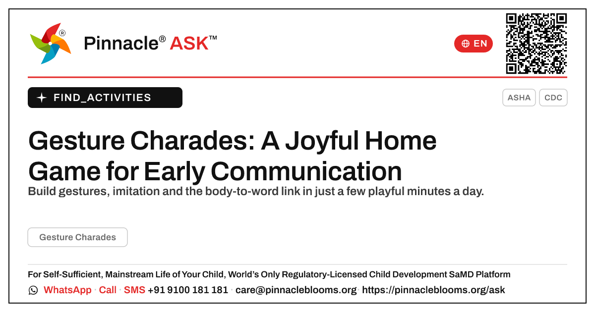 How can I work on Gesture Charades with my child at home? — Pinnacle Ask answer card with a short explanation and QR link